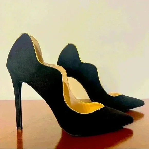 LEMON DROP BY  PRIVILEGED BLACK HEELS GOLD TRIM SIZE 8.5 - Picture 5 of 14